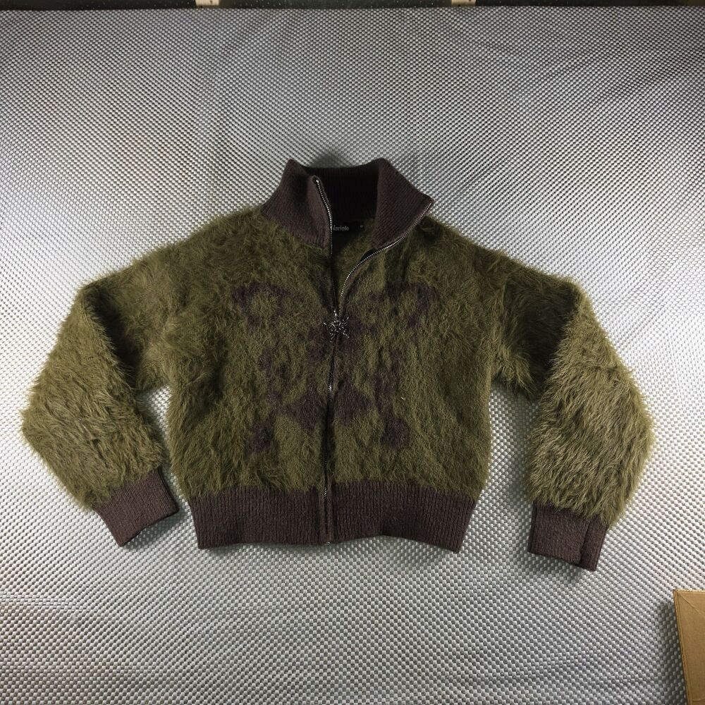 Nariele Womens S Fuzzy Olive Green Butterfly Zip Cardigan Y2K Fairy Grunge